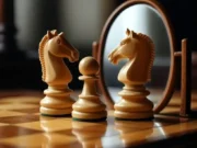 ¿Qué es el underpromotion en ajedrez? Imagen donde se ve un peón con dos caballosd e ajedrez y un espejo